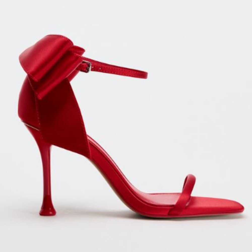 Zara Red Satin Bow High Heel Sandals - NIB